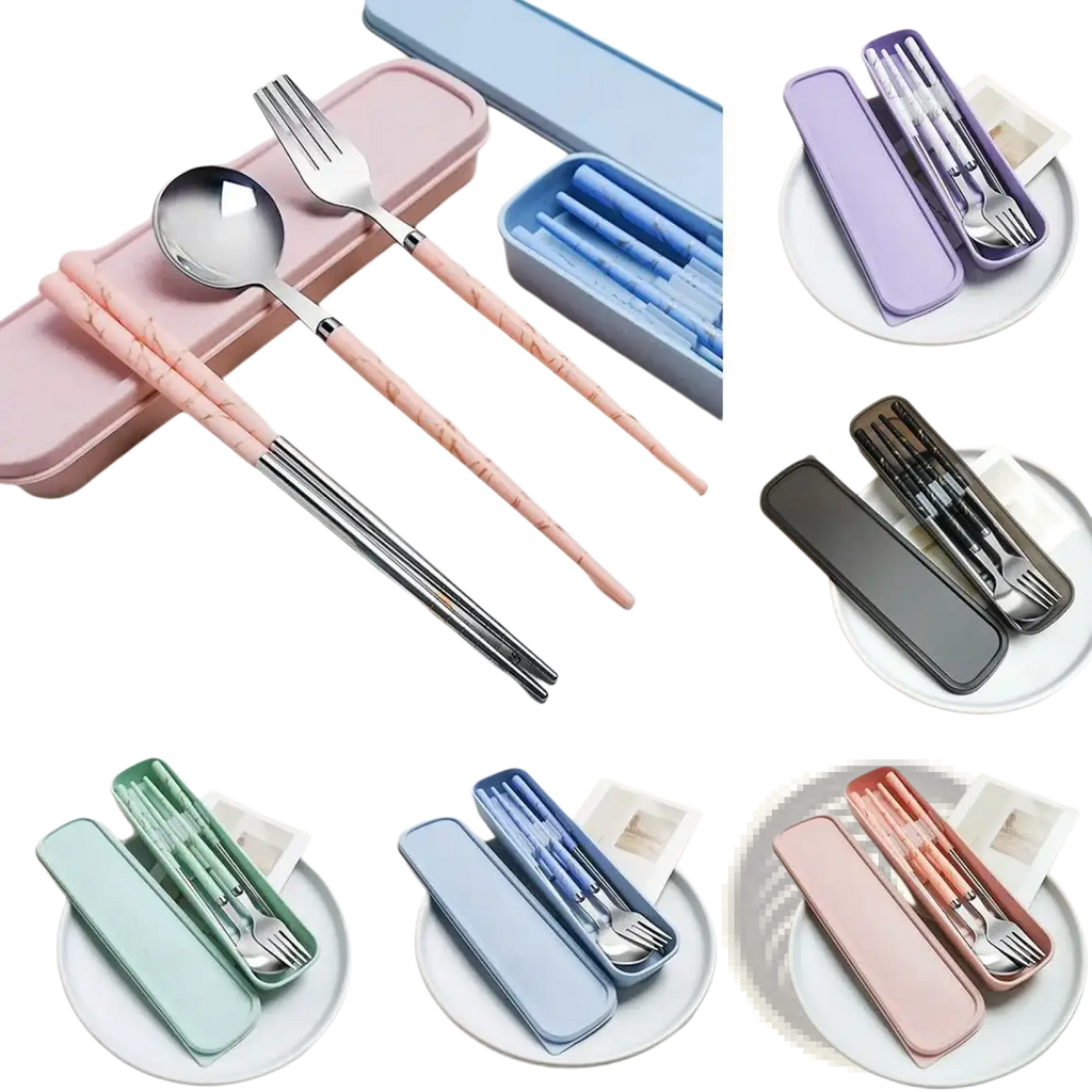 Portable stainless steel cutlery set with pink marble-patterned chopsticks and matching case for travel use
