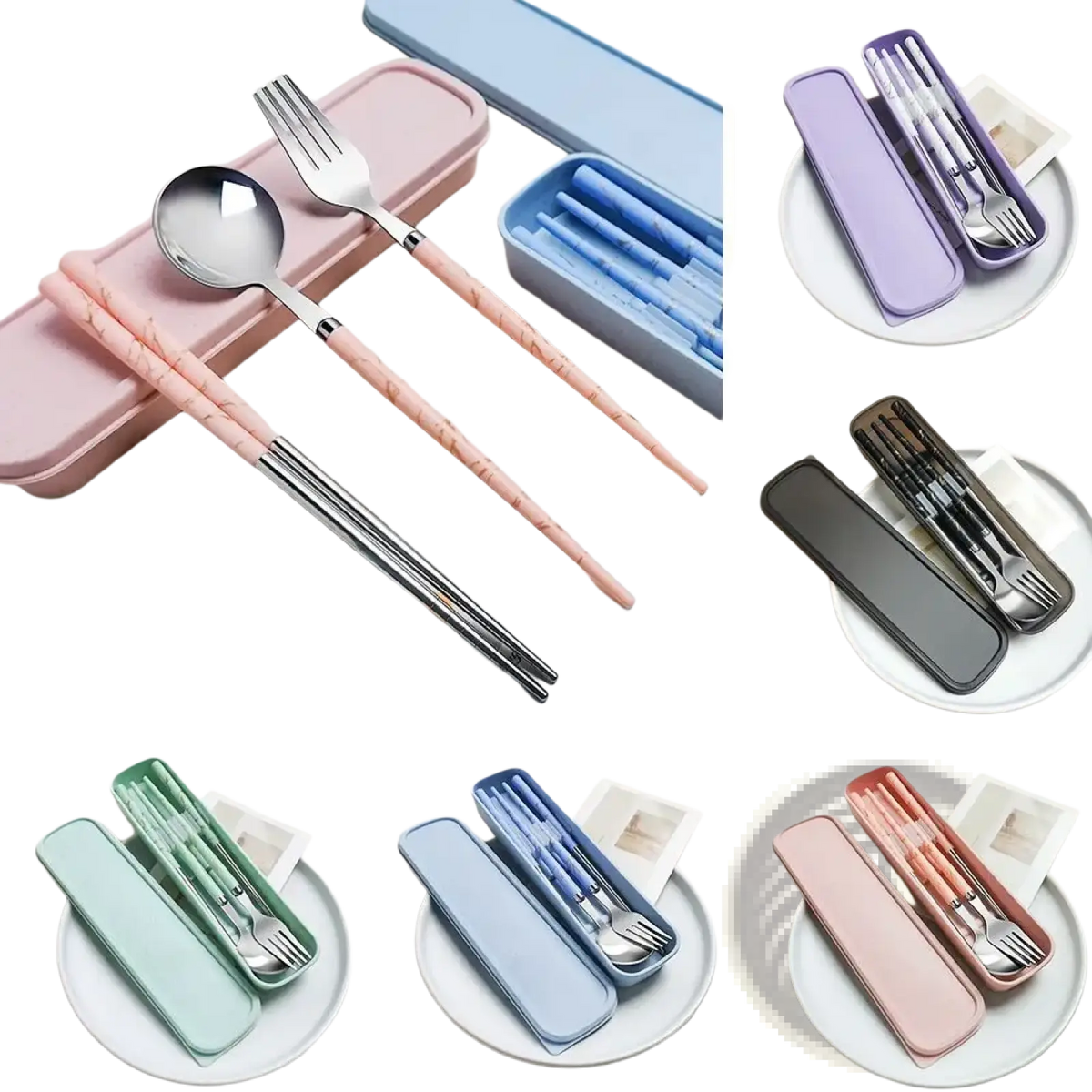 Portable stainless steel cutlery set with pink marble-patterned chopsticks and matching case for travel use