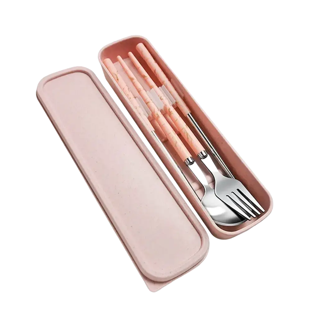 Portable stainless steel cutlery set with pink marble-patterned chopsticks and fork in matching pink case