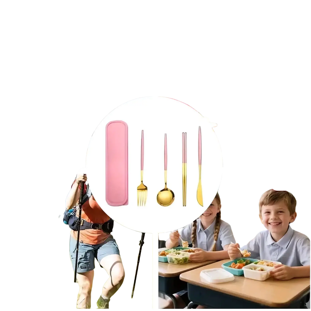 Portable stainless steel cutlery set with pink silicone case and gold-toned utensils for convenient use