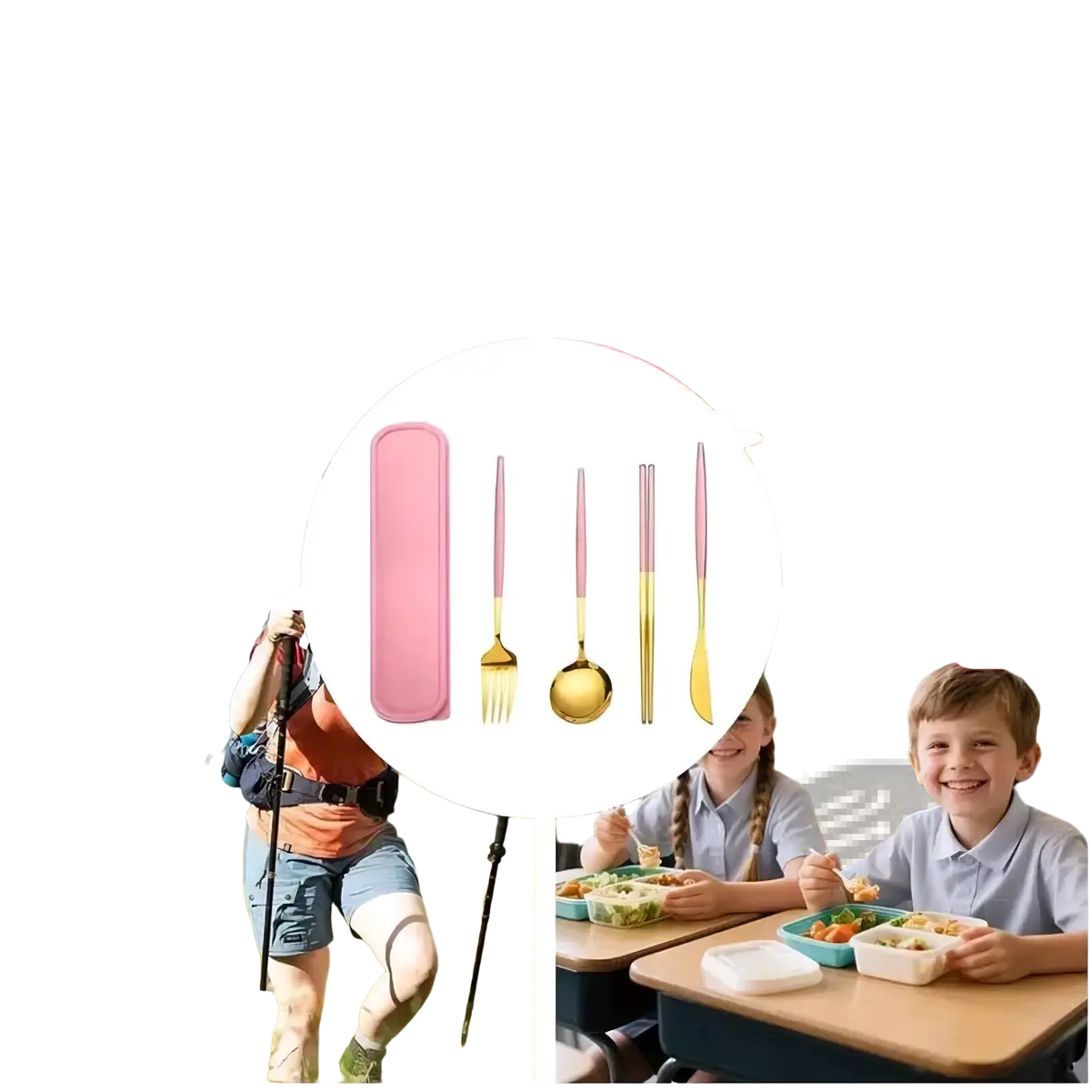 Portable stainless steel cutlery set with pink silicone case and gold-toned utensils for convenient use