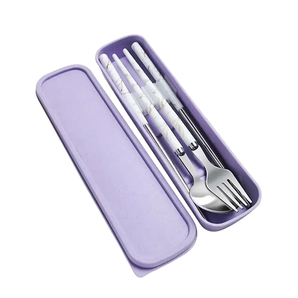 Purple rectangular case holding a portable stainless steel cutlery set with white marble patterned handles