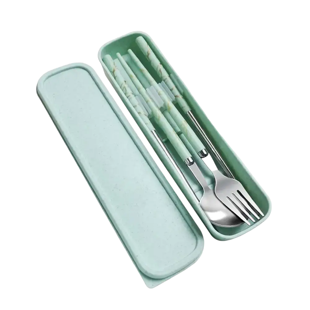 A sleek mint green silicone case holds a portable stainless steel cutlery set with marble patterned handles