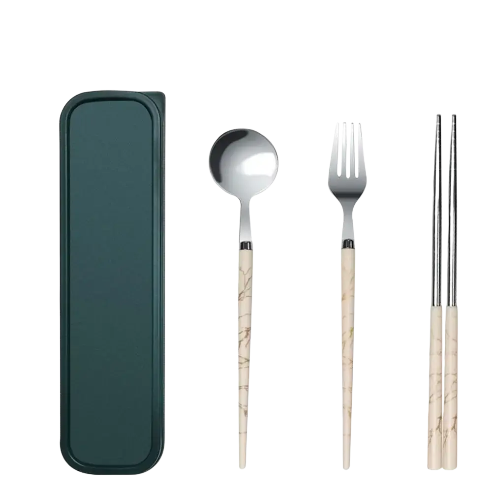 Portable stainless steel cutlery set with bamboo-patterned handles and a dark green carrying case displayed