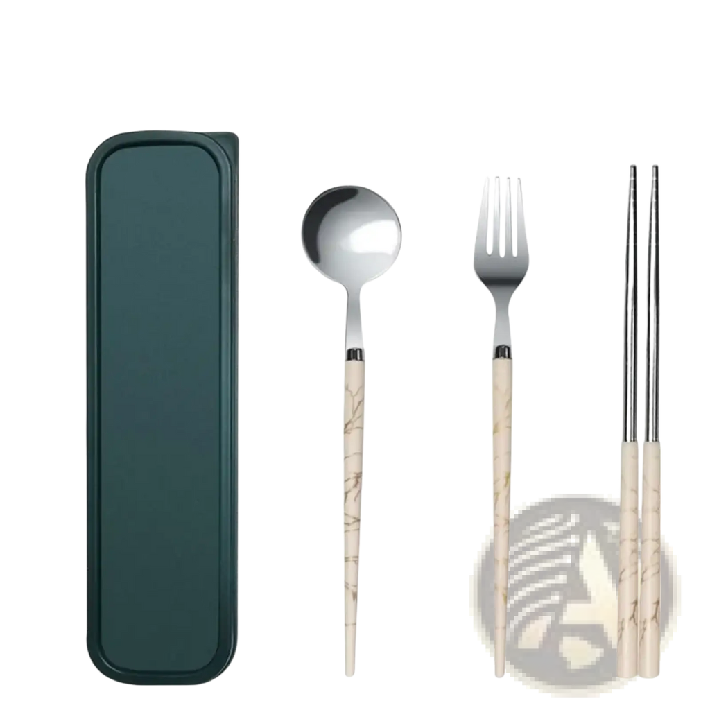 Portable stainless steel cutlery set with bamboo-patterned handles and a dark green carrying case displayed