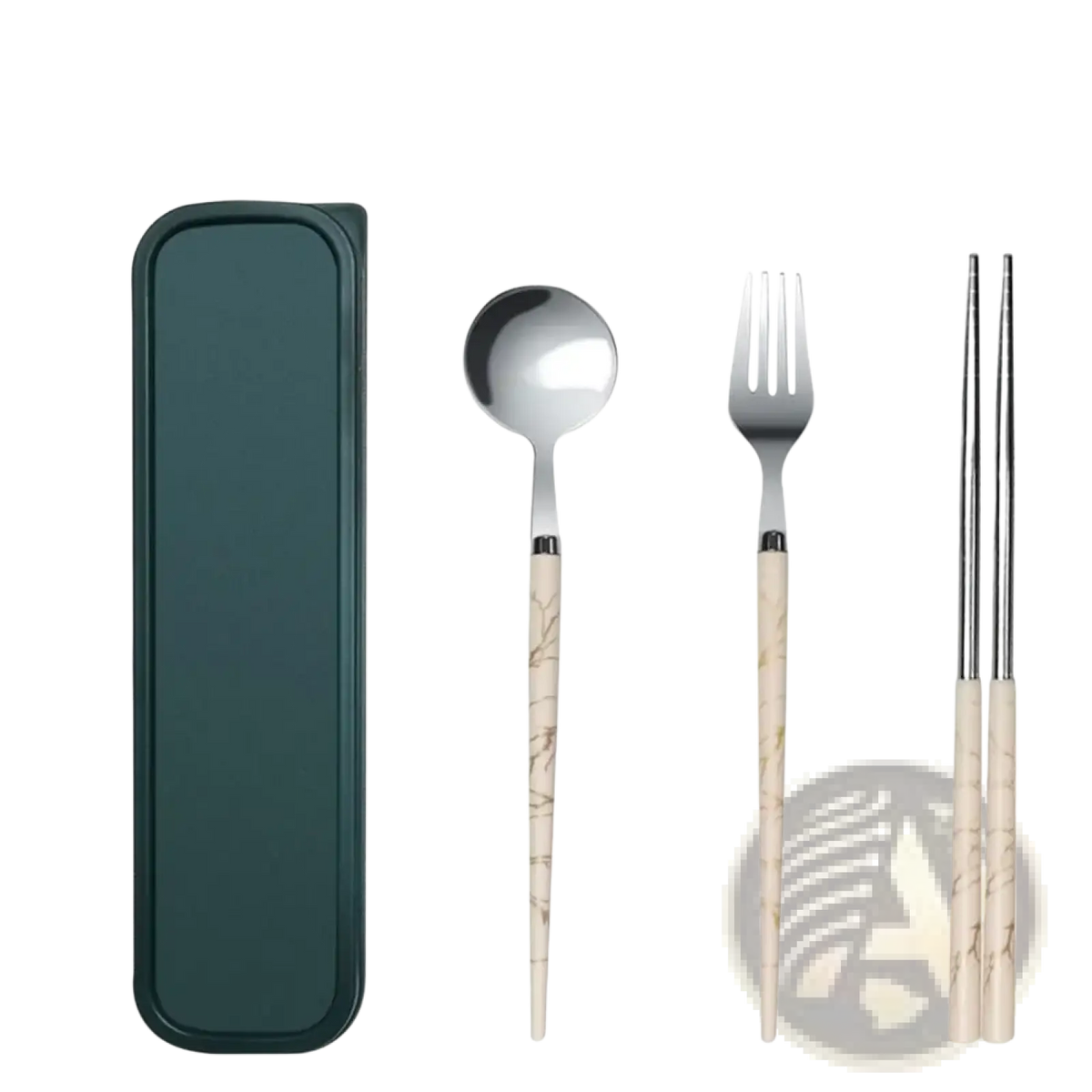 Portable stainless steel cutlery set with bamboo-patterned handles and a dark green carrying case displayed