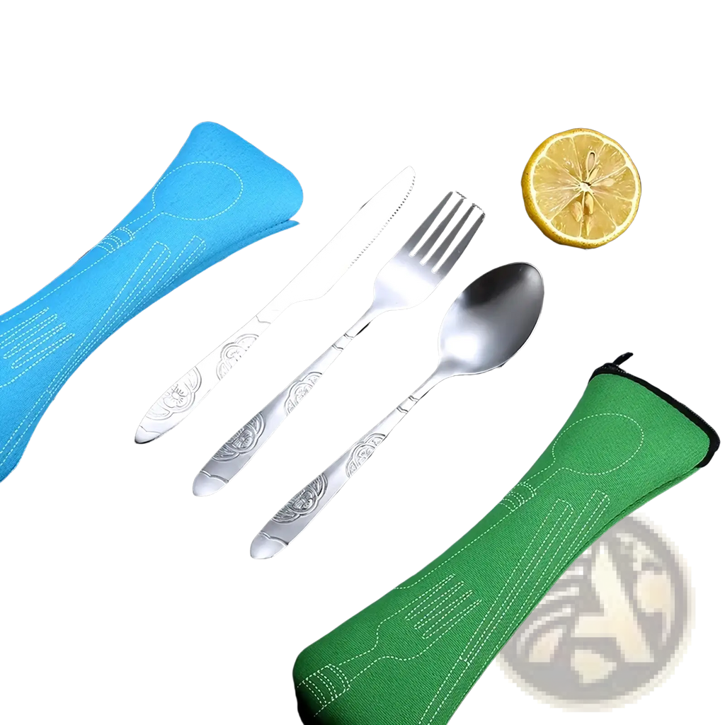 Portable stainless steel cutlery set with engraved handles displayed in colorful fabric sheaths for easy transport