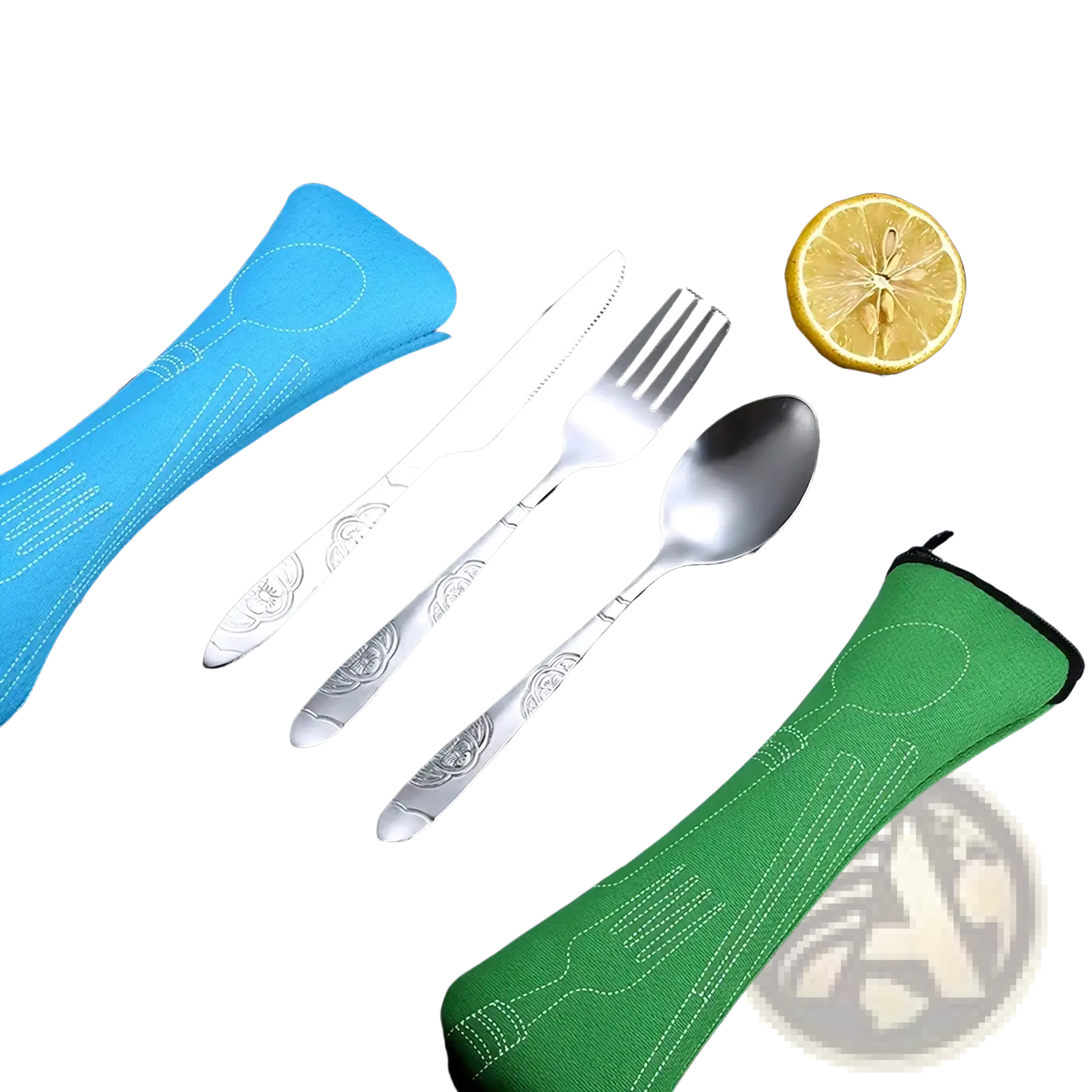 Portable stainless steel cutlery set with engraved handles displayed in colorful fabric sheaths for easy transport