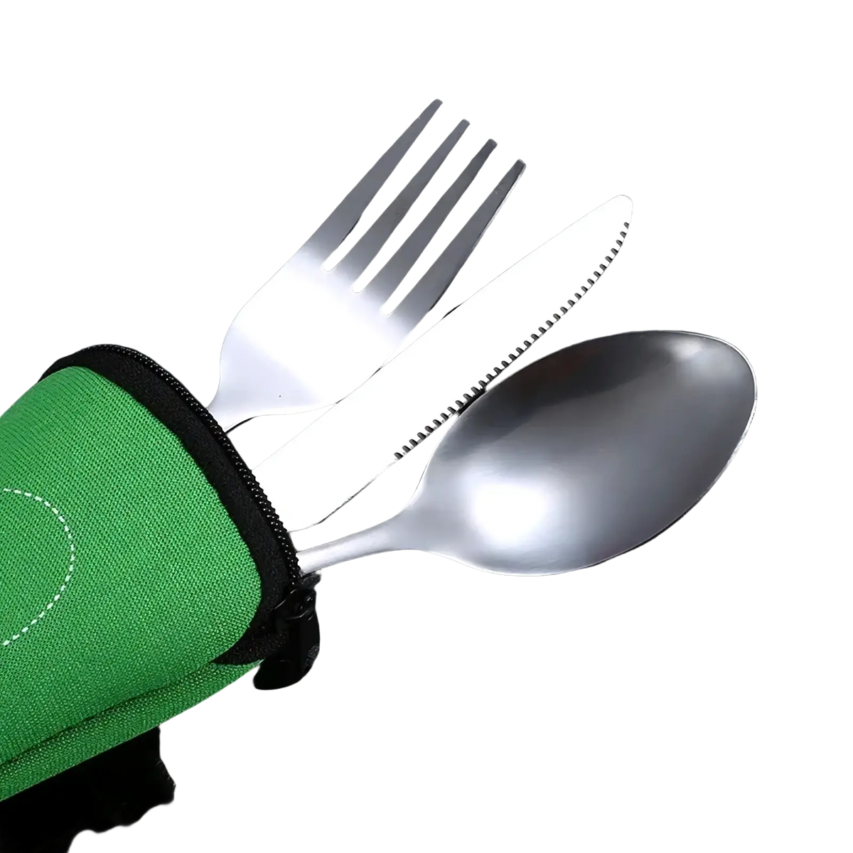 Portable stainless steel cutlery set with silver three-piece camping utensils and green fabric carrying case