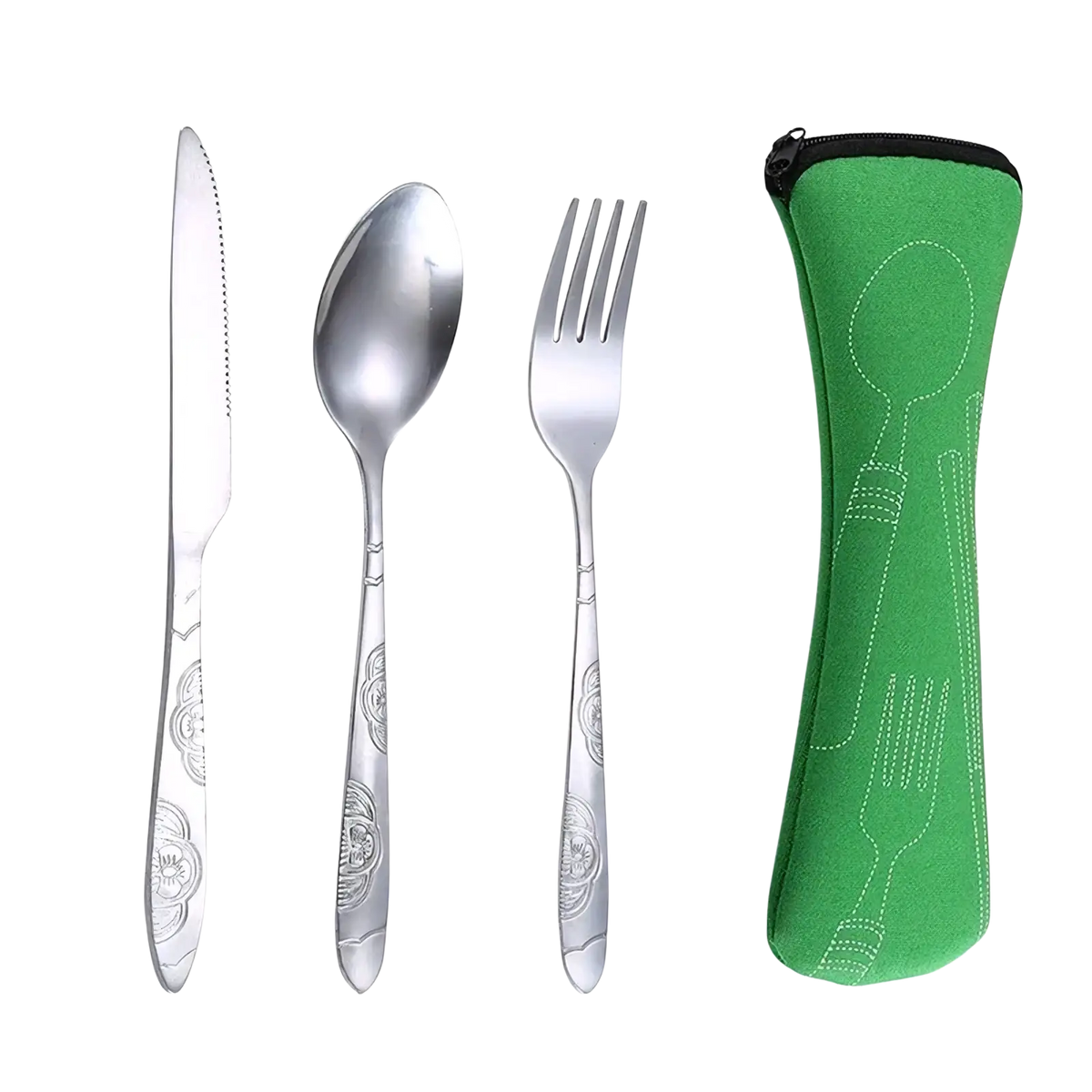Portable stainless steel cutlery set with silver floral engraved handles and green neoprene carrying case