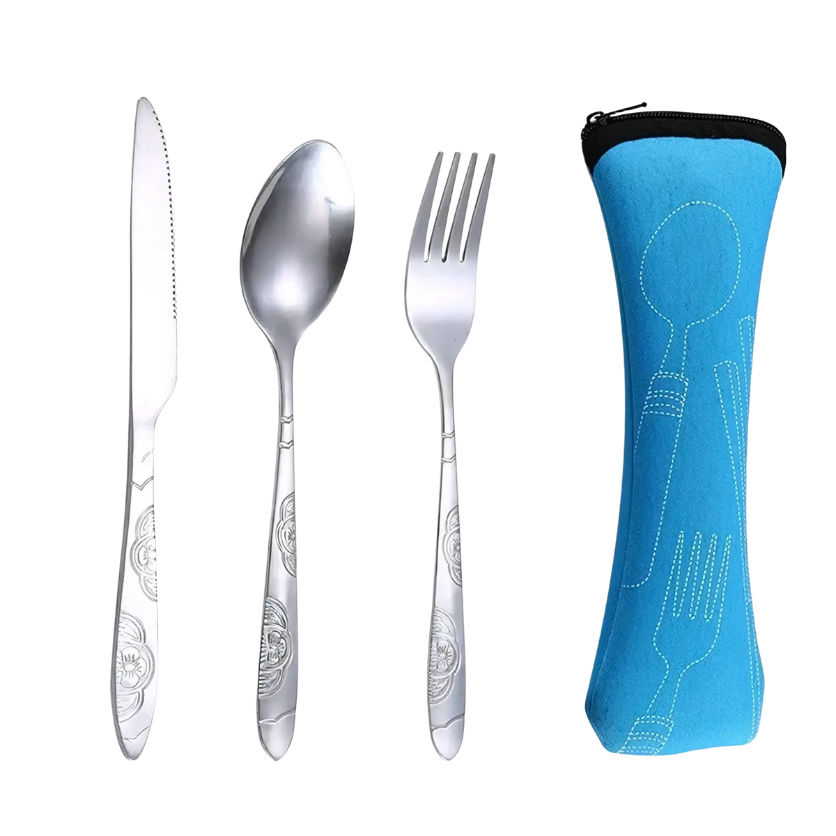 Portable stainless steel cutlery set with silver floral engraved handles and bright blue neoprene carrying case