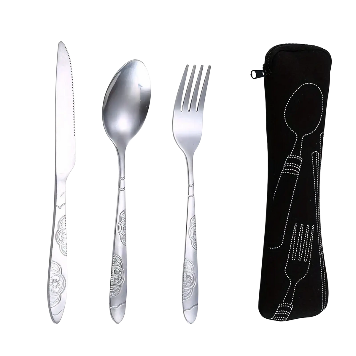 Portable stainless steel cutlery set with silver floral engraved handles including knife spoon fork and black case