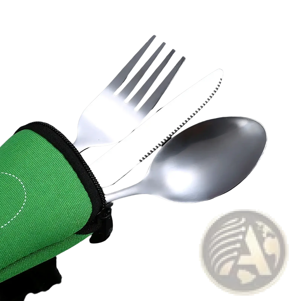 Portable stainless steel cutlery set with silver three-piece camping utensils and green fabric carrying case