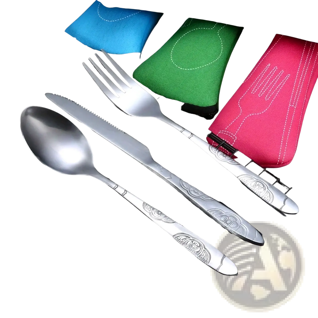 Portable silver-toned stainless steel cutlery set with engraved floral handles displayed with colorful fabric cases