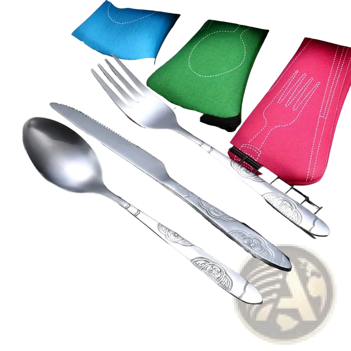 Portable silver-toned stainless steel cutlery set with engraved floral handles displayed with colorful fabric cases