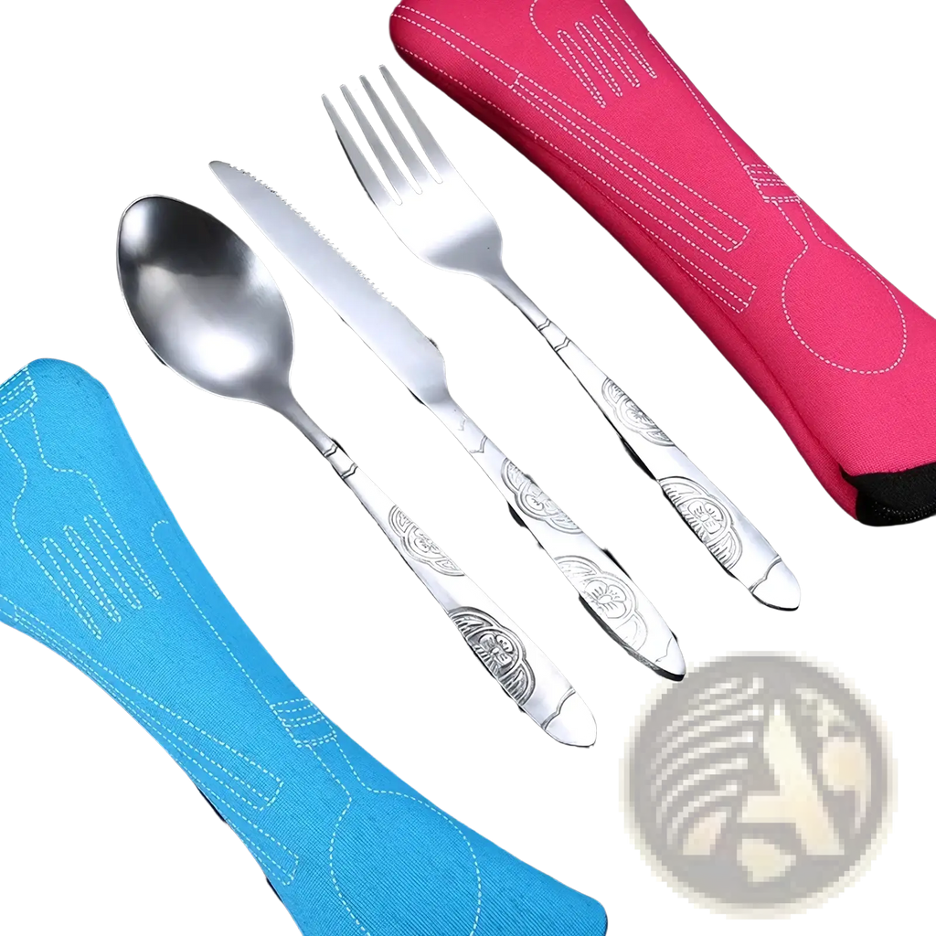 Portable stainless steel cutlery set with silver-toned engraved handles and colorful fabric cases for easy transport
