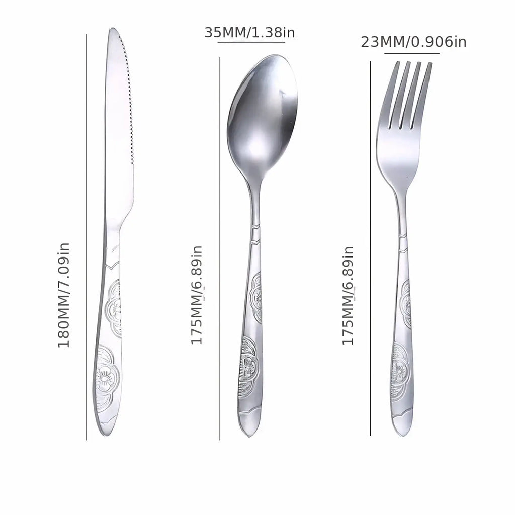 Portable stainless steel cutlery set featuring silver-toned knife, spoon, and fork with ornate floral engravings on handles
