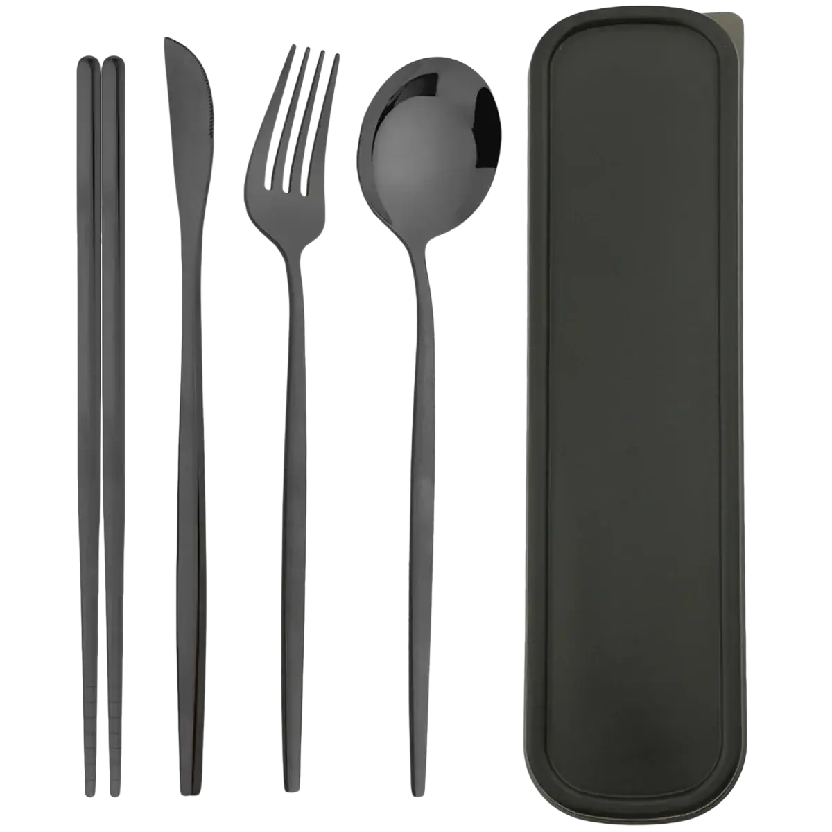Black stainless steel portable cutlery set with matching storage box for convenient travel use