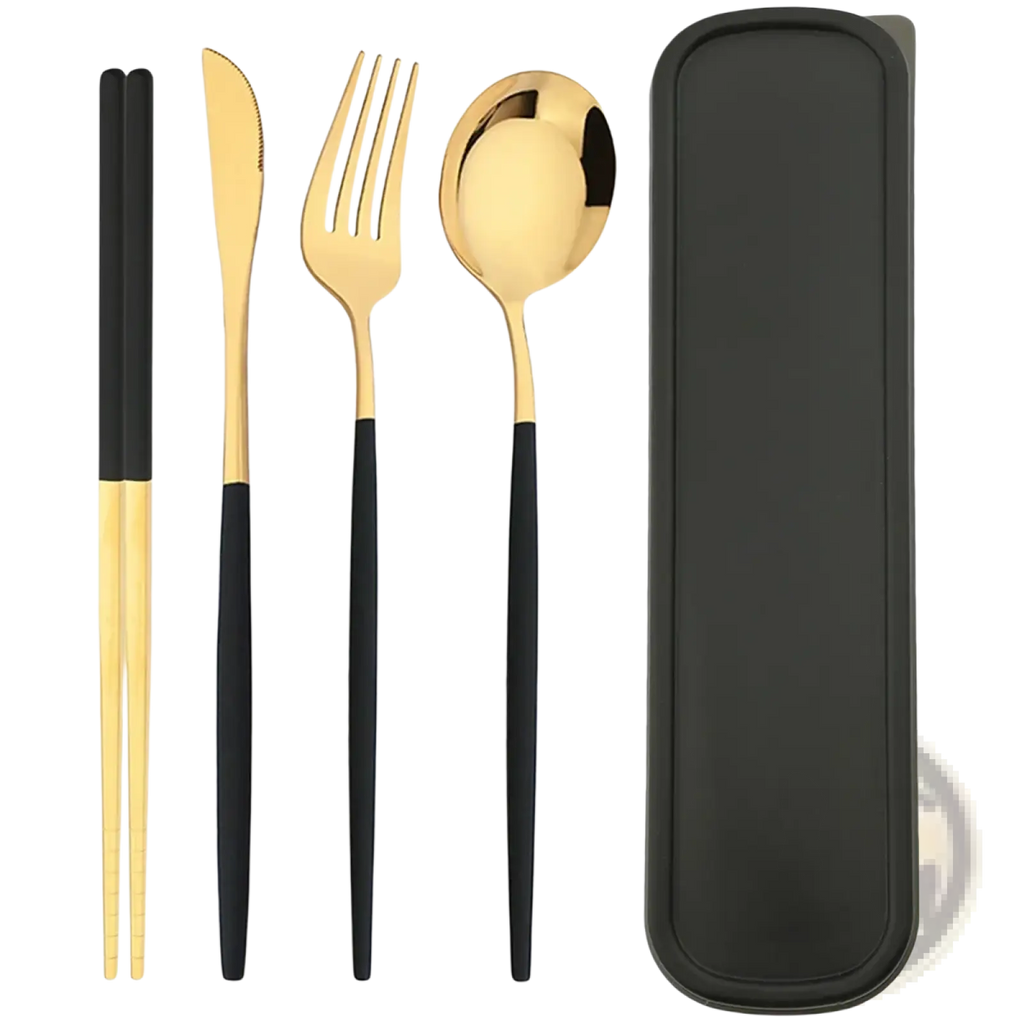 Portable stainless steel cutlery set in gold and black with a sleek modern design and storage box for travel use