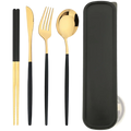 Portable stainless steel cutlery set in gold and black with a sleek modern design and storage box for travel use