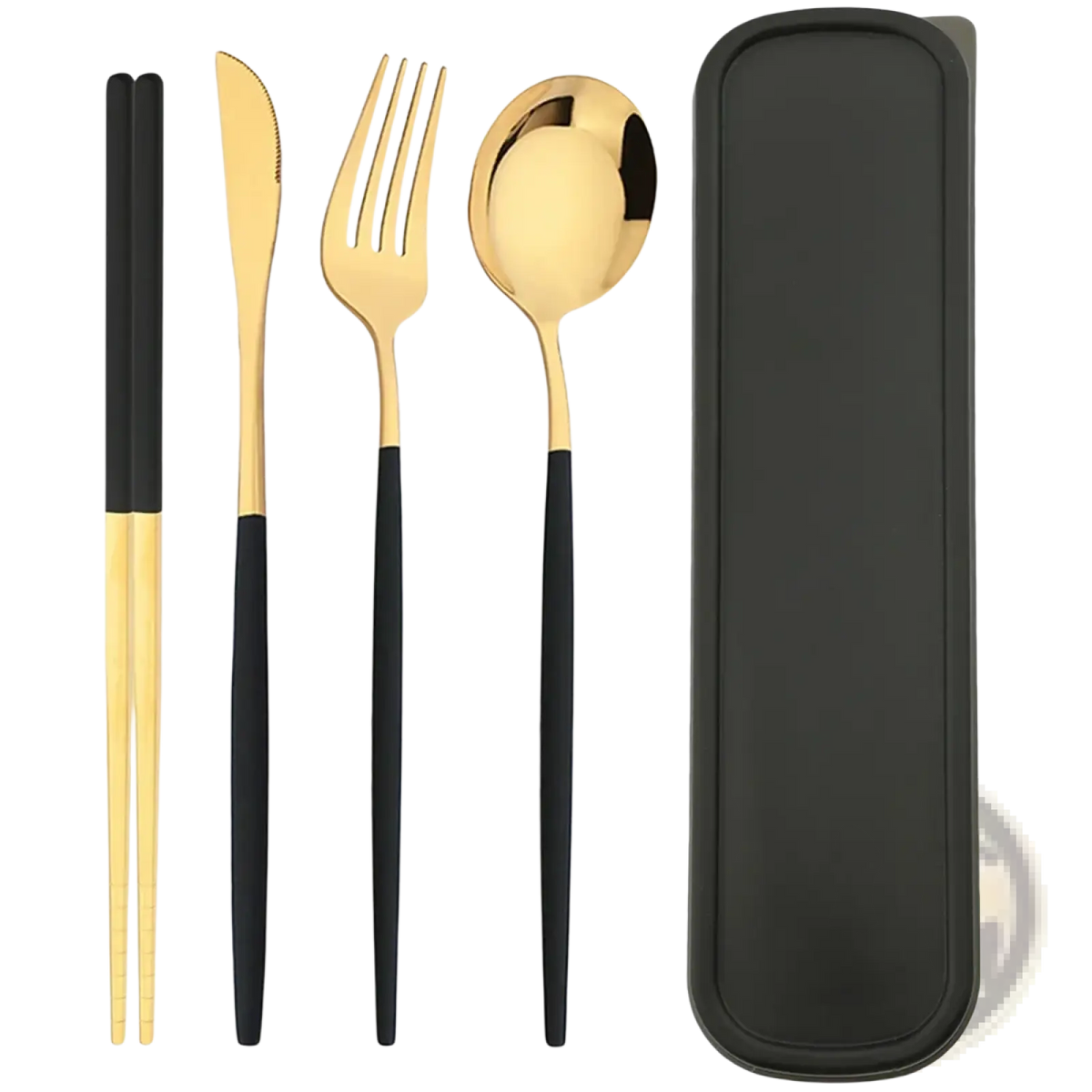 Portable stainless steel cutlery set in gold and black with a sleek modern design and storage box for travel use