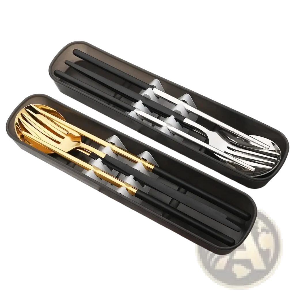 Black rectangular portable stainless steel cutlery set with gold and silver utensils neatly arranged inside storage box