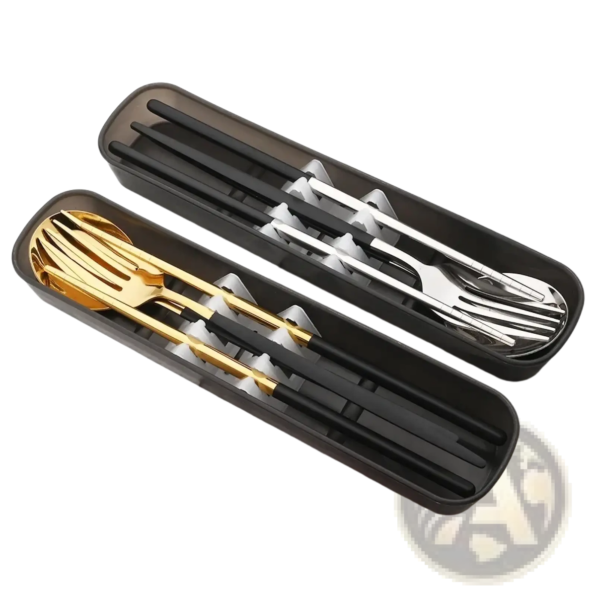 Black rectangular portable stainless steel cutlery set with gold and silver utensils neatly arranged inside storage box