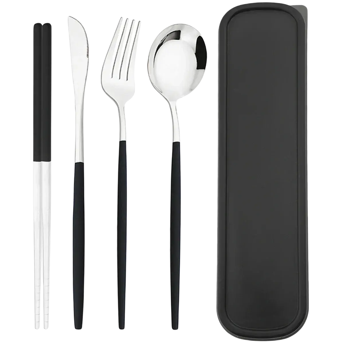 Black and silver portable stainless steel cutlery set with matching black storage box for travel use
