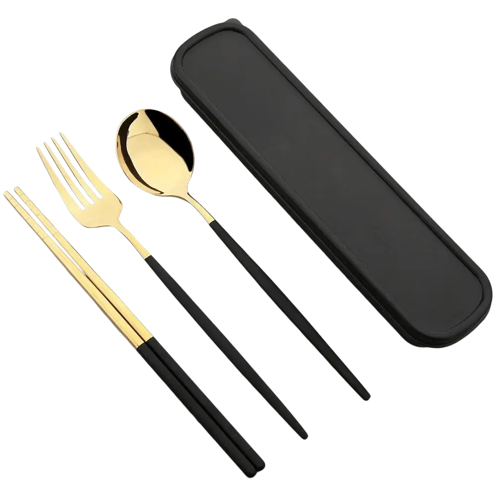 Portable stainless steel cutlery set with storage box featuring gold and black modern travel utensils