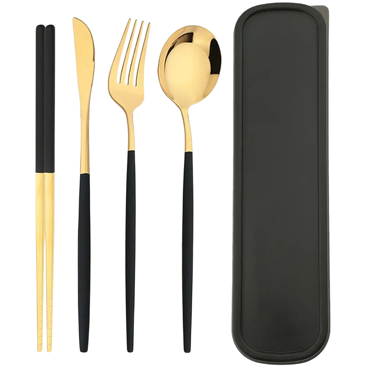 Portable stainless steel cutlery set in gold and black with a sleek modern design and storage box for travel use