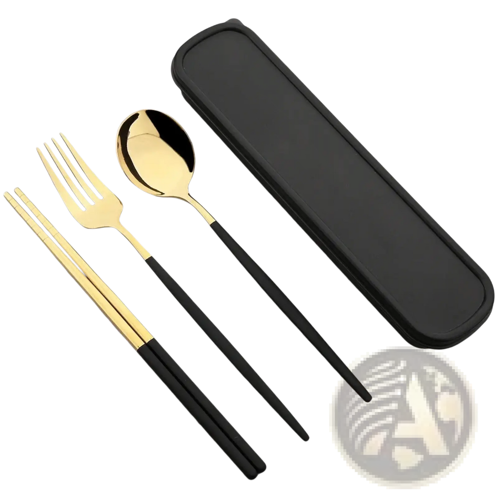 Portable stainless steel cutlery set with storage box featuring gold and black modern travel utensils
