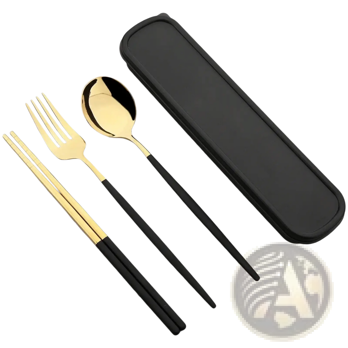 Portable stainless steel cutlery set with storage box featuring gold and black modern travel utensils