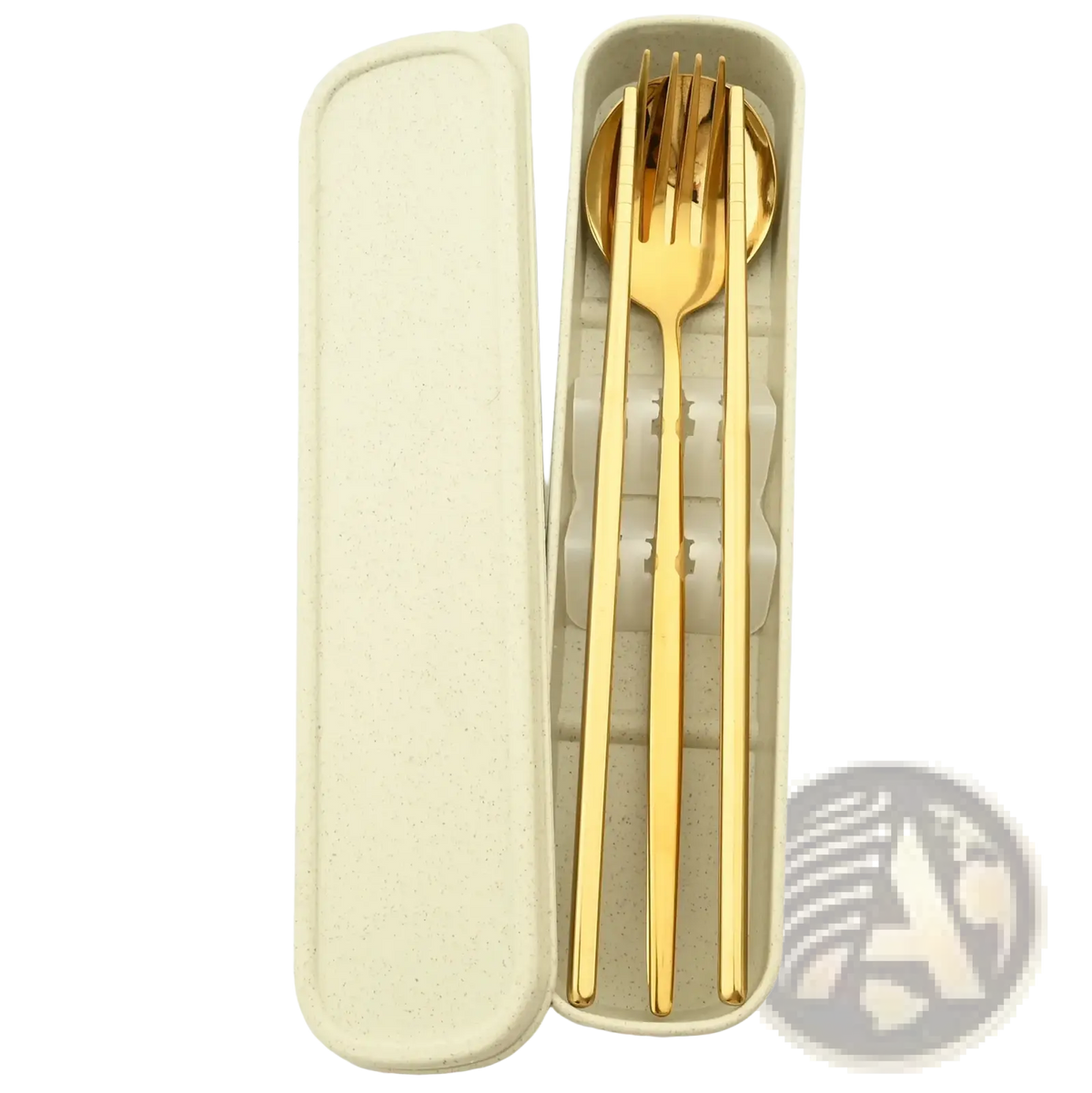 Portable stainless steel cutlery set with gold-colored utensils and beige bamboo storage box neatly arranged
