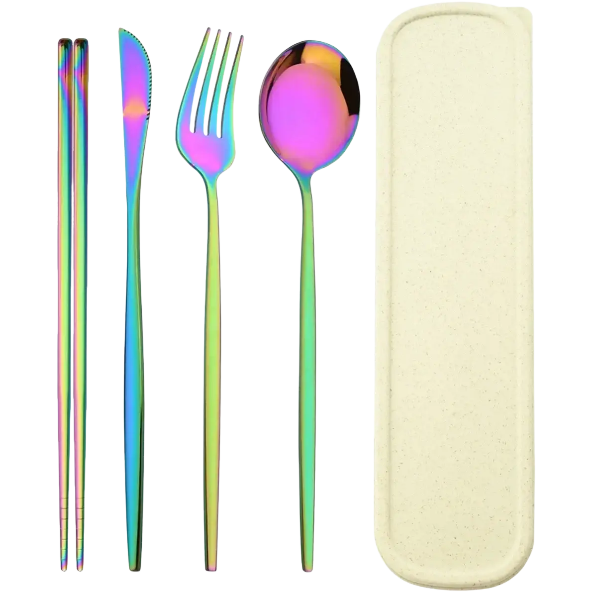 Portable stainless steel cutlery set with rainbow iridescent utensils and chopsticks in cream storage case