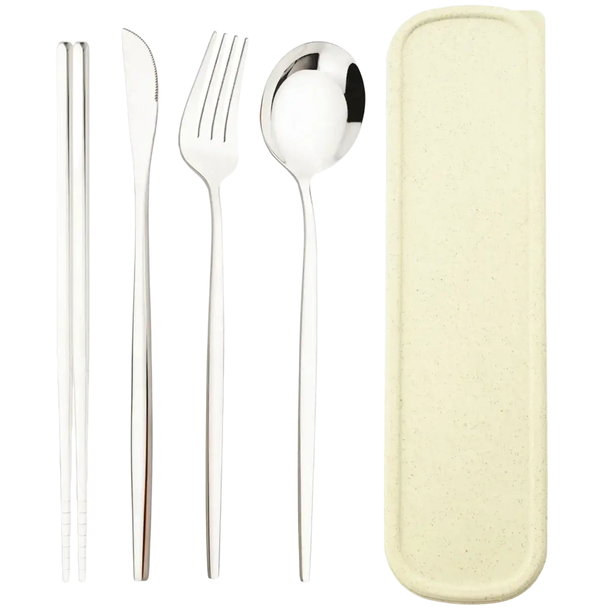 Portable stainless steel cutlery set with silver utensils and cream fabric storage box neatly arranged
