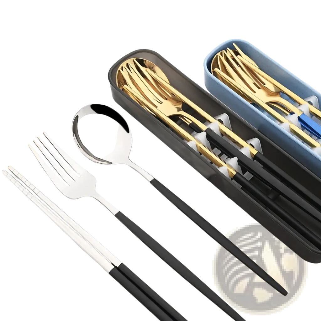 Portable stainless steel cutlery set with sleek black handles and gold-finished forks spoons and chopsticks in cases