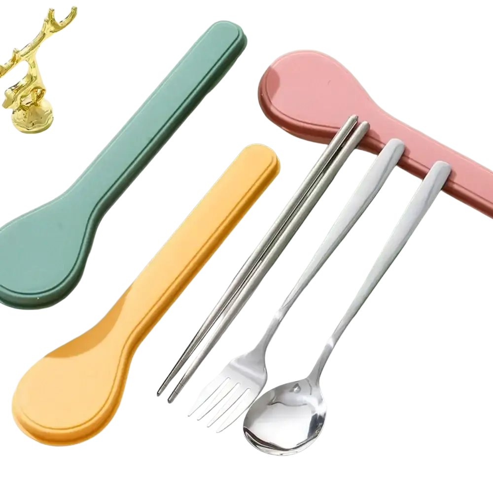 Portable stainless steel cutlery set with storage case featuring colorful silicone handles in green yellow pink and blue