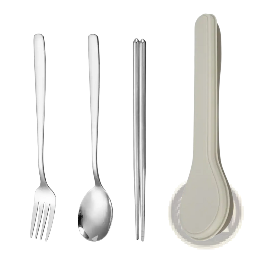 Portable stainless steel cutlery set with silver fork spoon chopsticks and beige plastic carrying case