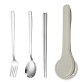 Portable stainless steel cutlery set with silver fork spoon chopsticks and beige plastic carrying case