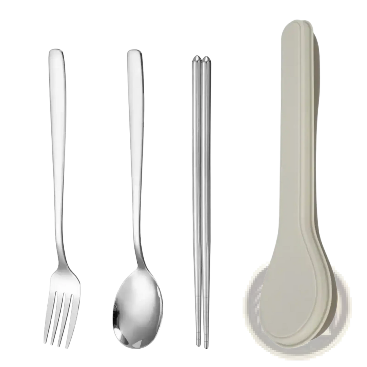 Portable stainless steel cutlery set with silver fork spoon chopsticks and beige plastic carrying case