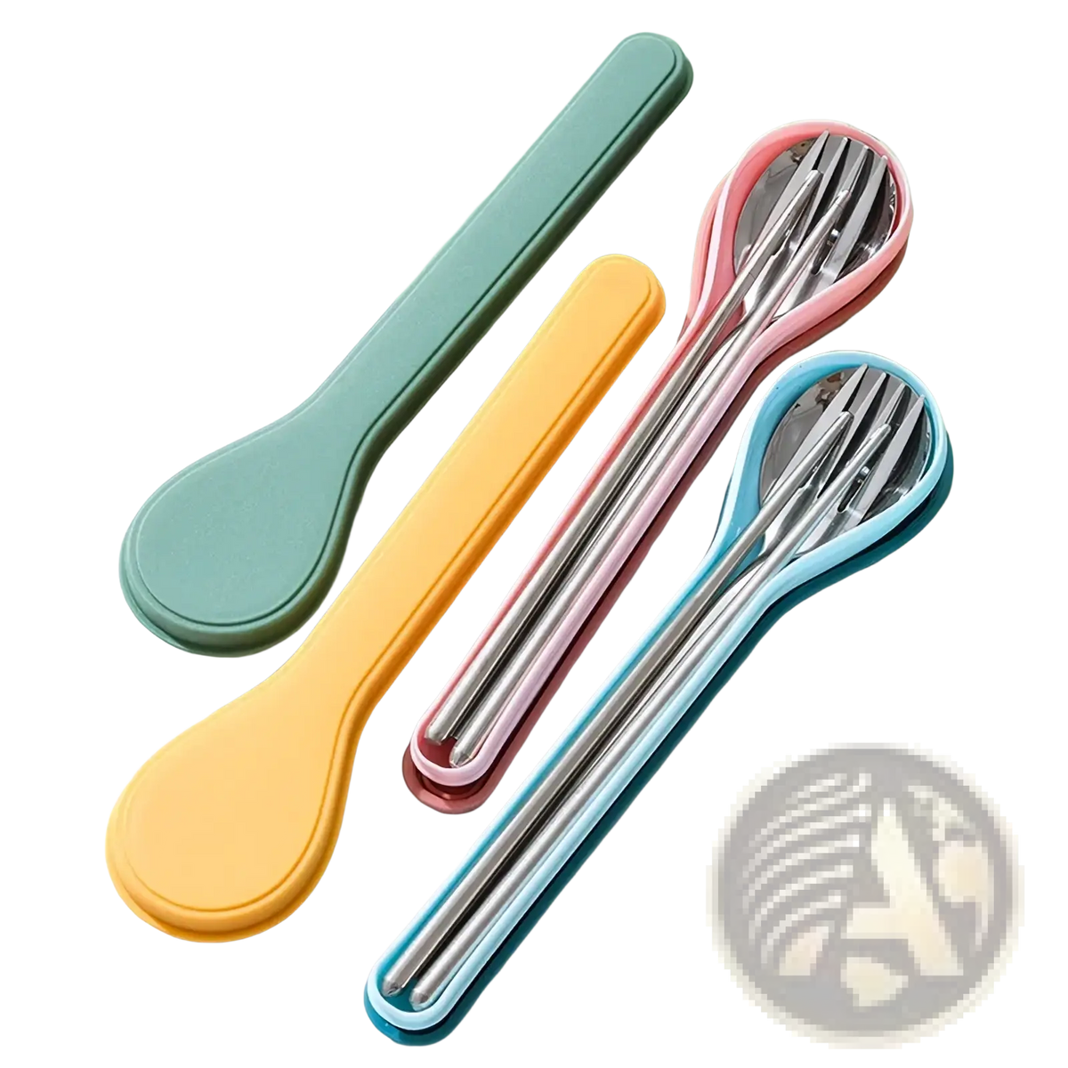 Portable stainless steel cutlery set with pastel silicone handles and integrated forks and spoons in storage case