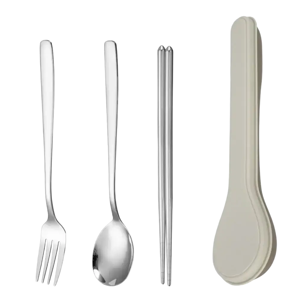 Portable stainless steel cutlery set with silver fork spoon chopsticks and beige plastic carrying case