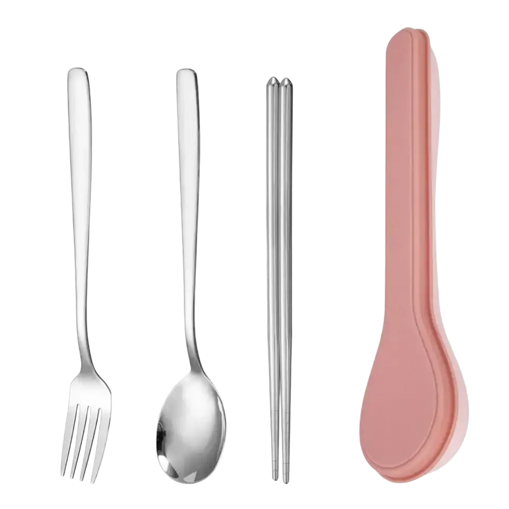 Silver stainless steel fork spoon and chopsticks set with pink silicone portable storage case for travel use