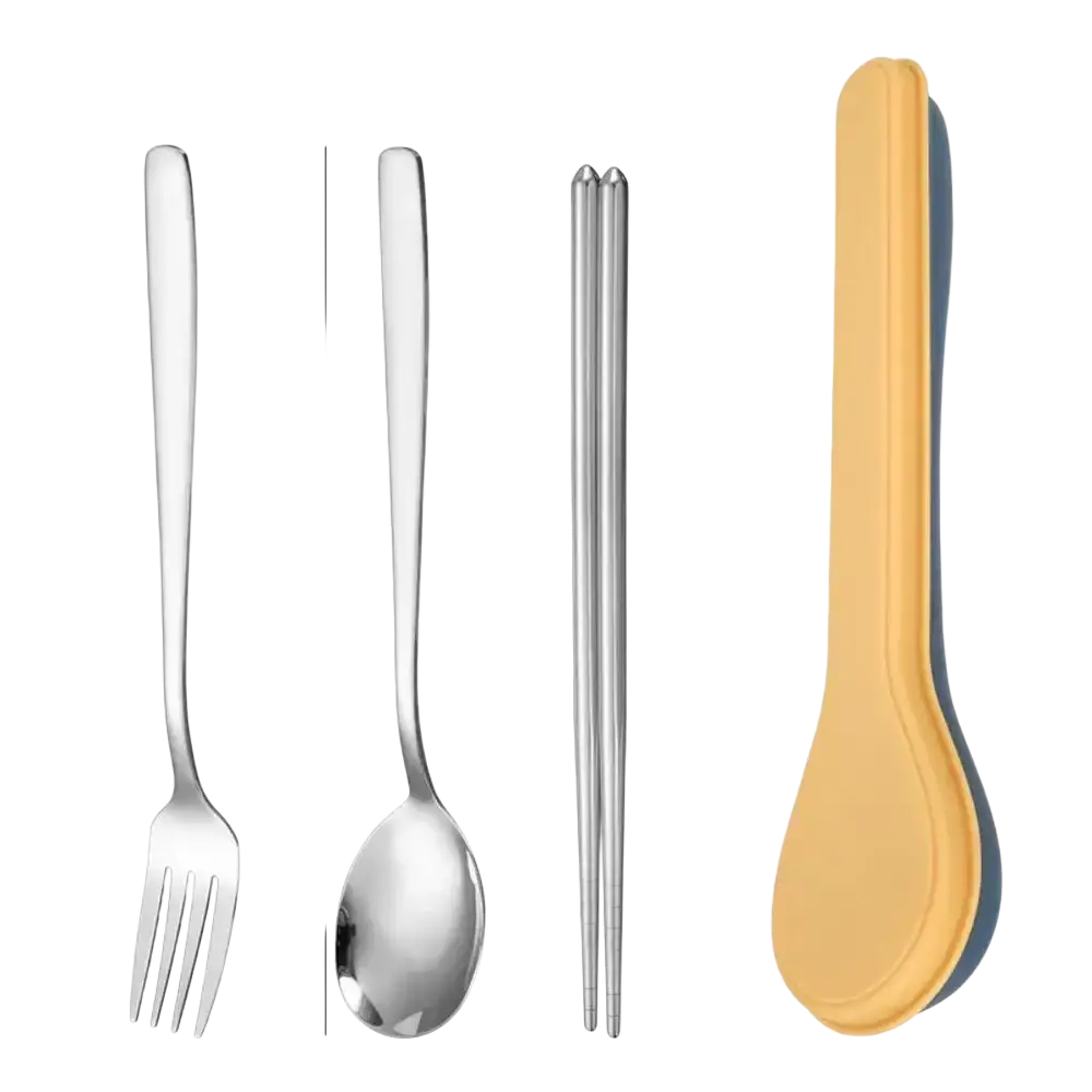 A sleek stainless steel fork with polished finish and four tines from a portable stainless steel cutlery set with storage case