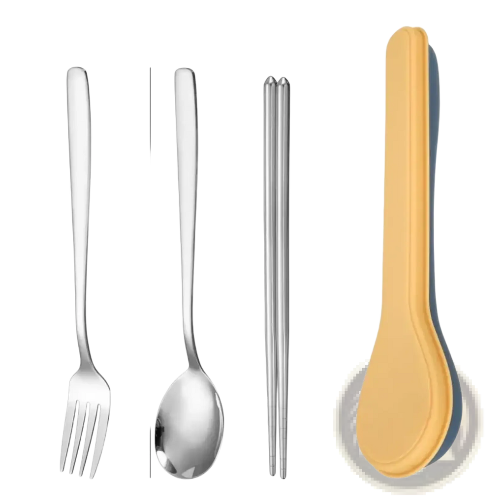 A sleek stainless steel fork with polished finish and four tines from a portable stainless steel cutlery set with storage case