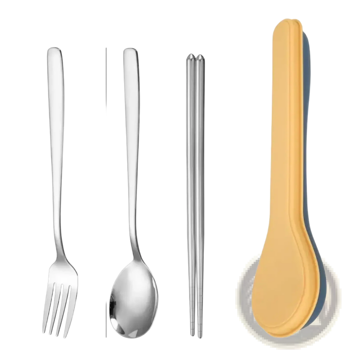 A sleek stainless steel fork with polished finish and four tines from a portable stainless steel cutlery set with storage case