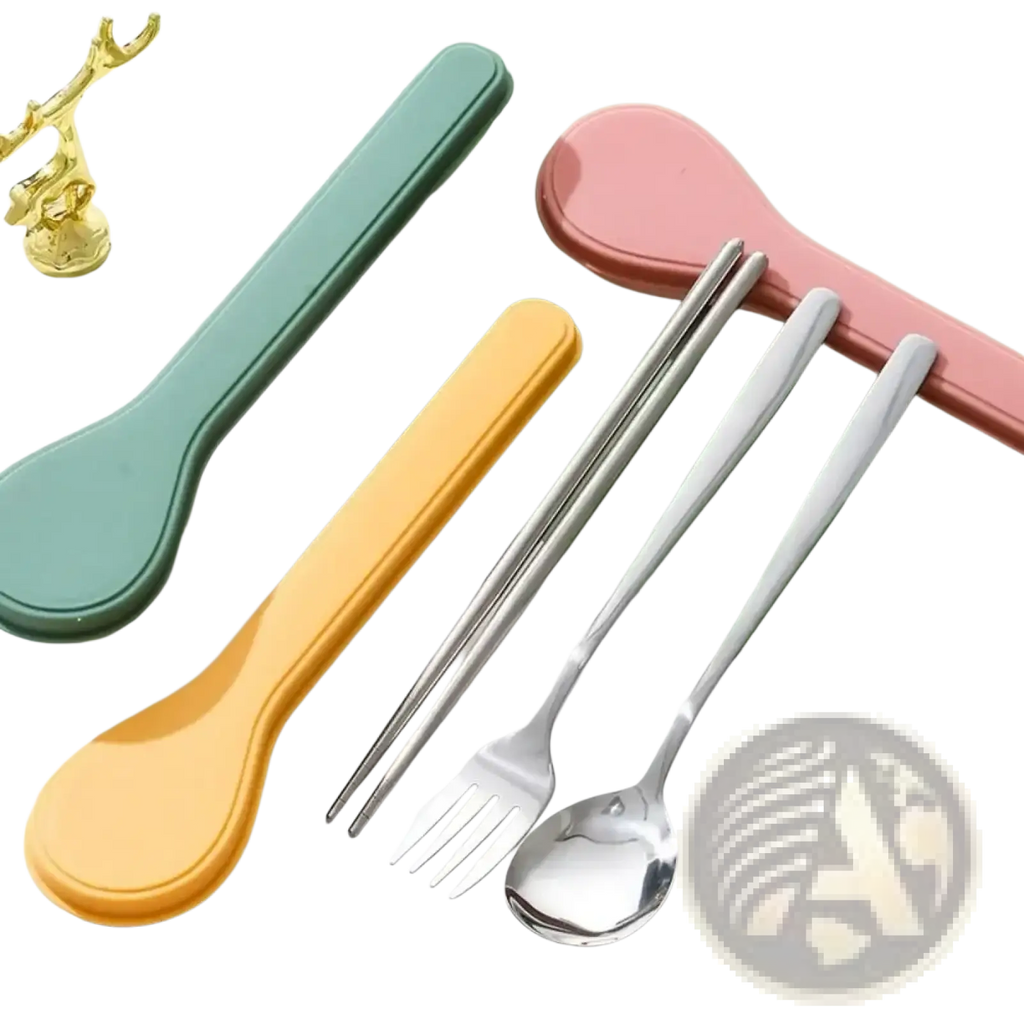 Portable stainless steel cutlery set with storage case featuring colorful silicone handles in green yellow pink and blue