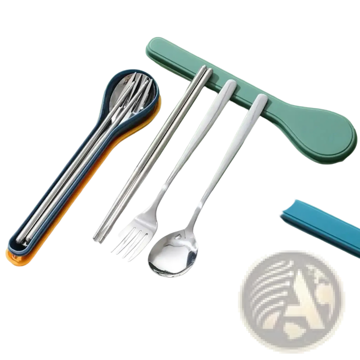Portable stainless steel cutlery set with sleek reflective utensils and colorful silicone carrying cases in five colors