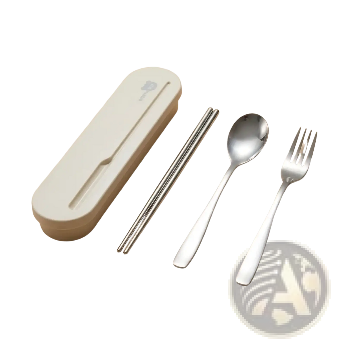 Portable stainless steel cutlery set with compact sleek design and cream plastic travel case for easy carrying