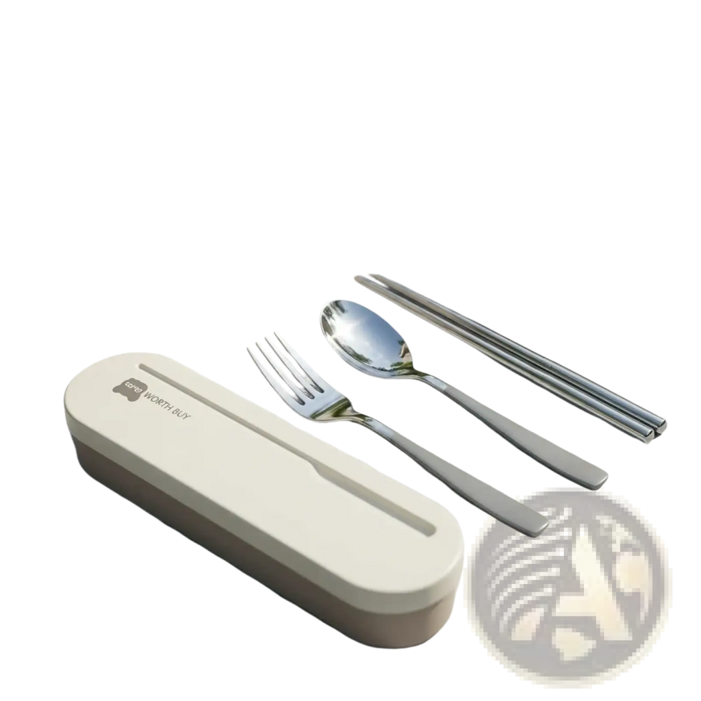 Beige rectangular portable stainless steel cutlery set with travel case and worth buy branding holding fork spoon and chopsticks